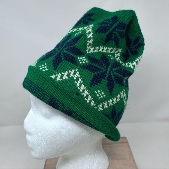 Hand Knit Green White Blue Fair Isle Hat OS Unisex - Picture 3 of 10